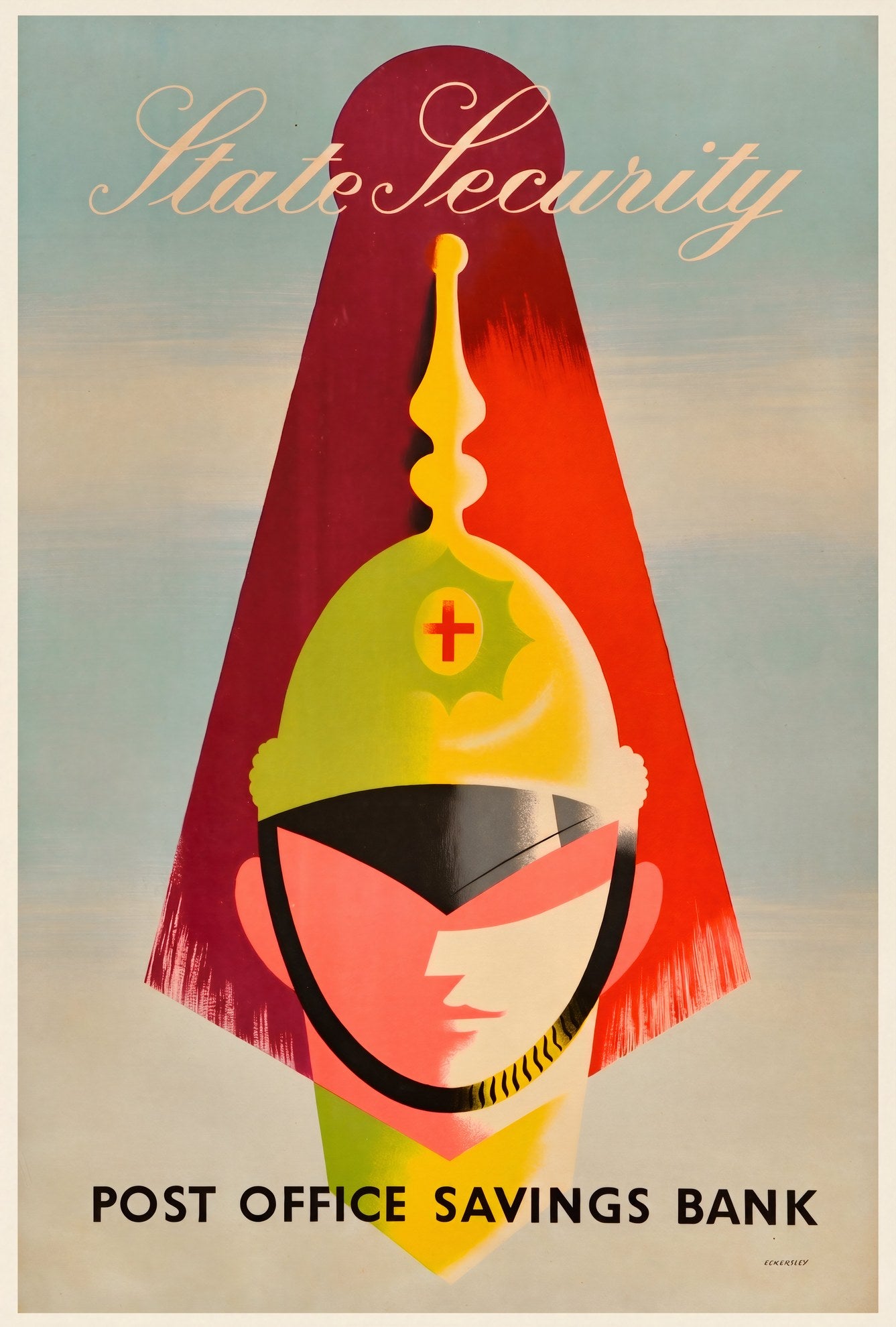 1950s Post Office Savings Bank poster showing stylised Life Guards soldier, crimson chevron, yellow-green helmet, Tom Eckersley | The Vintage Poster Archives