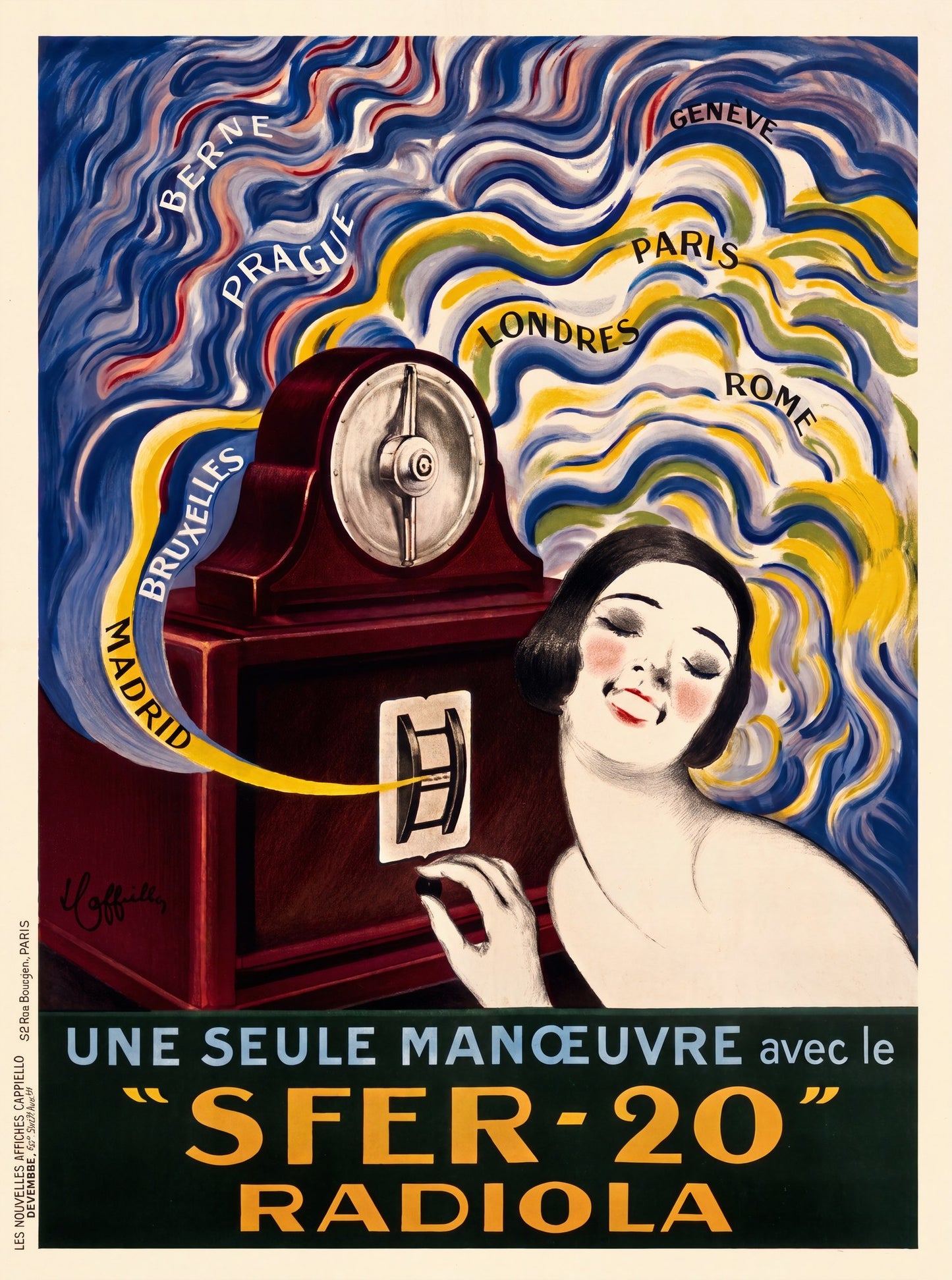 1925 Radiola SFER-20 advertising poster, woman at radio, swirling colour waves naming European cities, Leonetto Cappiello | The Vintage Poster Archives