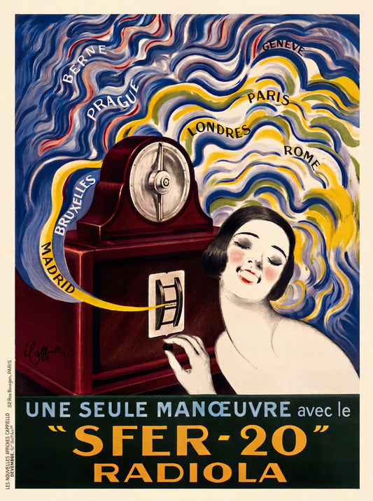 1925 Radiola SFER-20 advertising poster, woman at radio, swirling colour waves naming European cities, Leonetto Cappiello | The Vintage Poster Archives