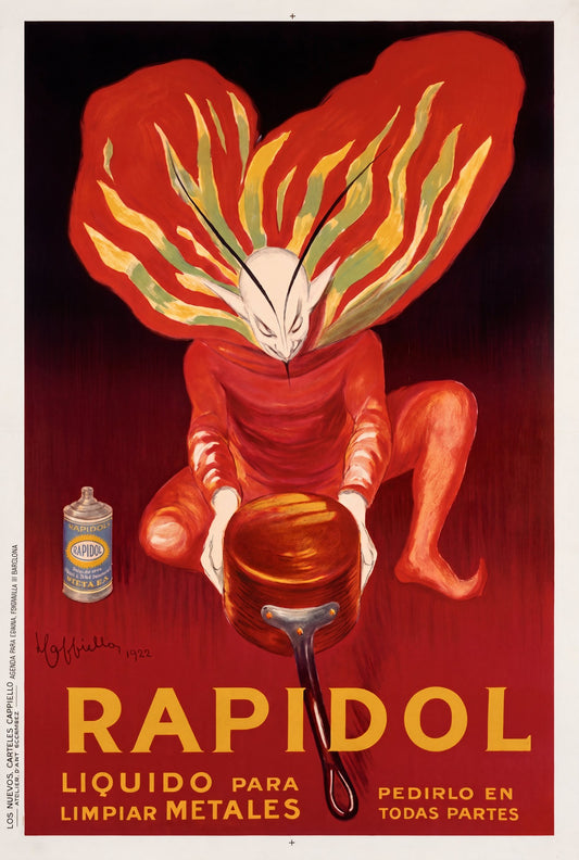 1922 Rapidol metal cleaner advertising poster by Cappiello, red devil with flame wings, gold typography, Barcelona edition | The Vintage Poster Archives