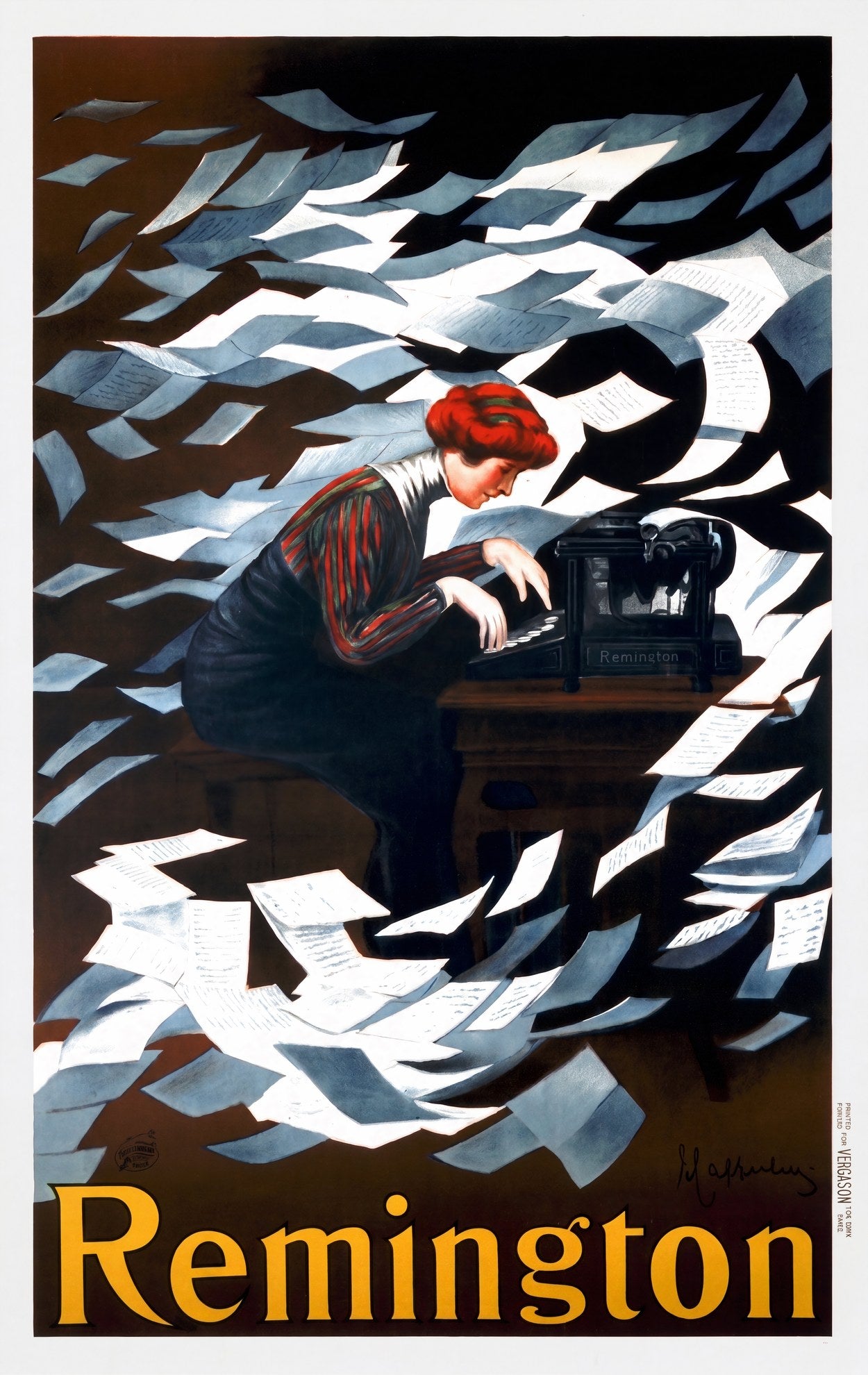 1910 Remington typewriter advertising poster, red-haired woman typist, swirling papers, dark ground, Cappiello | The Vintage Poster Archives