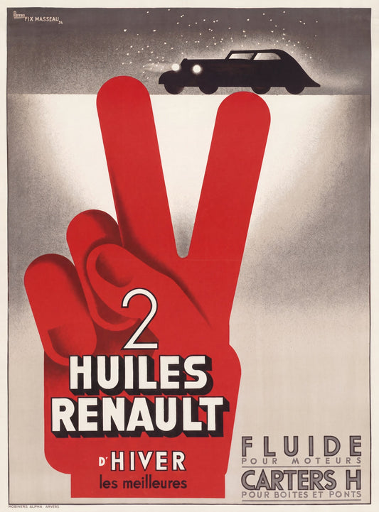 1934 Renault Huiles d'Hiver advertising poster, red hand raising two fingers, black car silhouette, Fix-Masseau | The Vintage Poster Archives