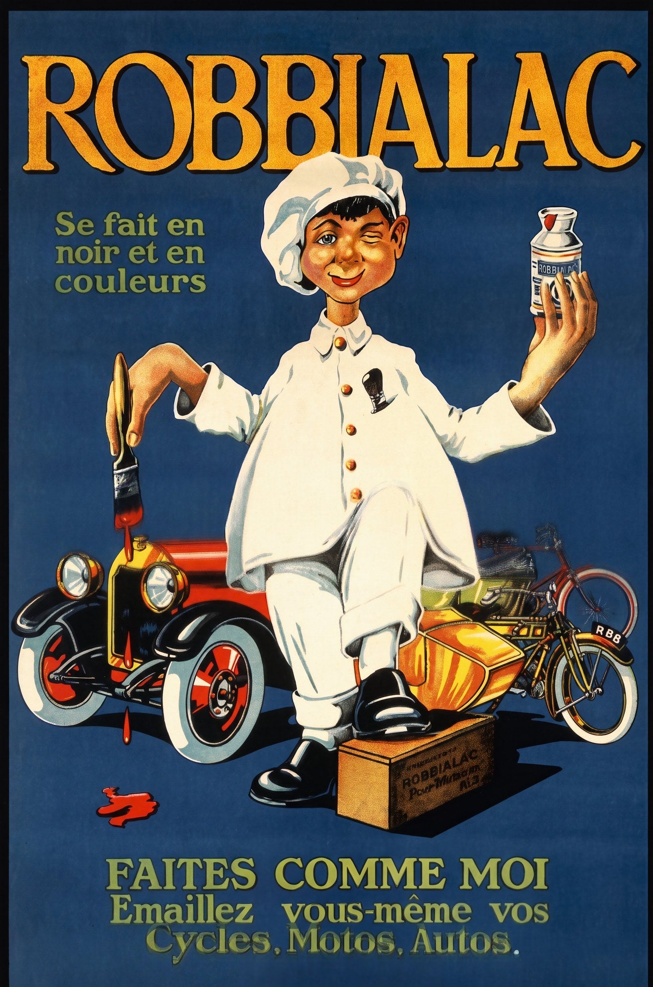 1920s French Robbialac enamel paint poster, boy in white uniform holding paint tin and brush, red auto and motorcycle, cobalt blue ground | The Vintage Poster Archives