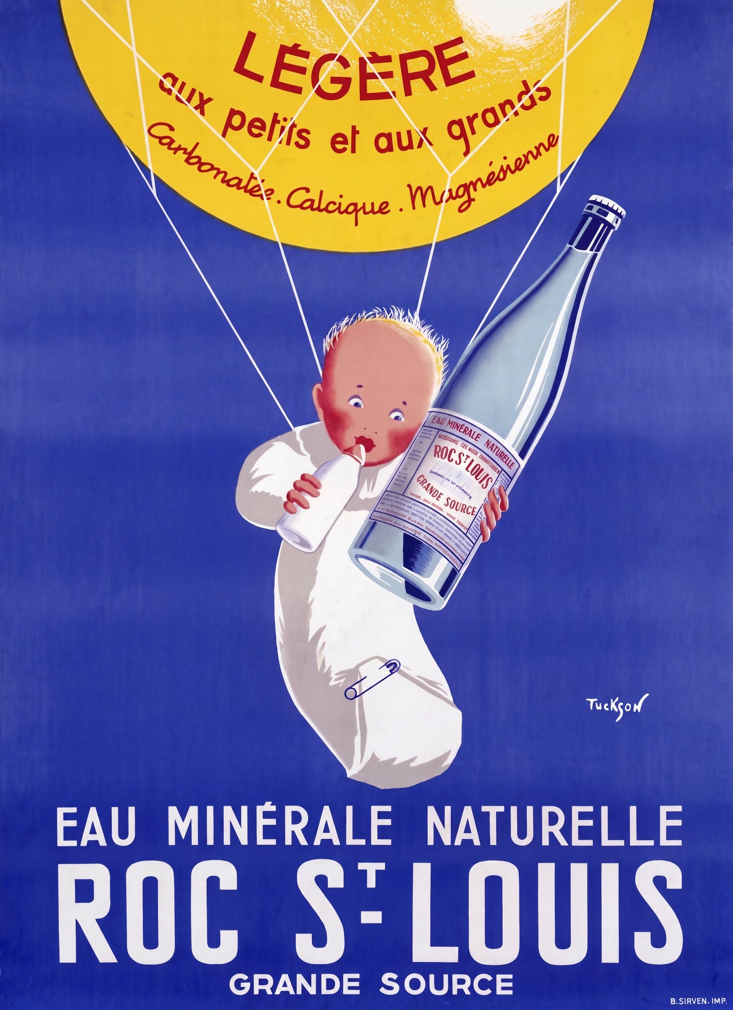 1950s French mineral water poster: baby in white swaddle floats from yellow balloon clutching Roc St-Louis bottle, cobalt blue ground, Tuckson | The Vintage Poster Archives