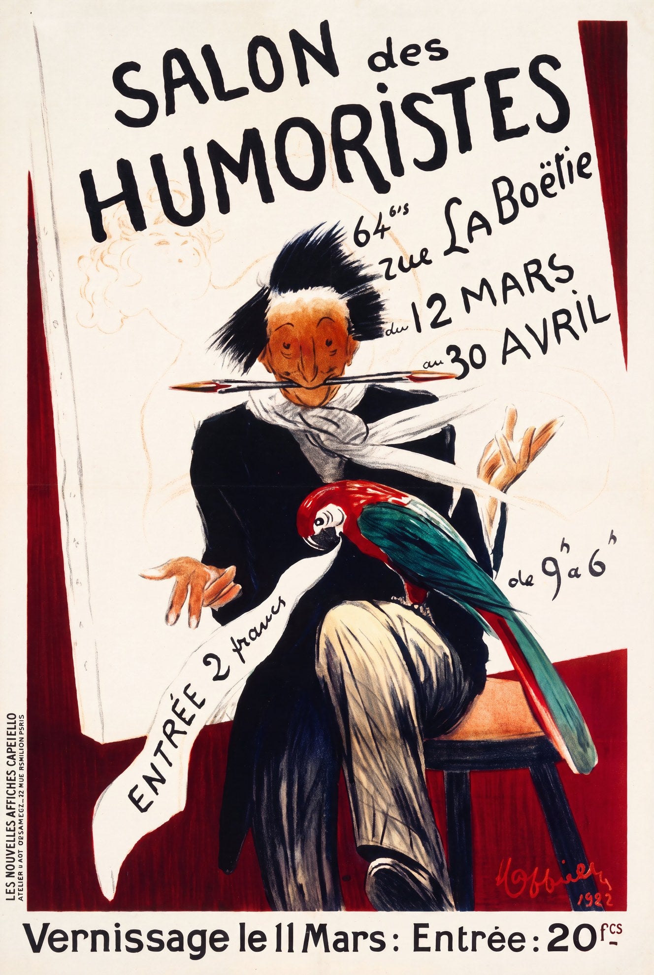 1922 Salon des Humoristes Paris exhibition poster, caricature figure with macaw parrot, Leonetto Cappiello | The Vintage Poster Archives