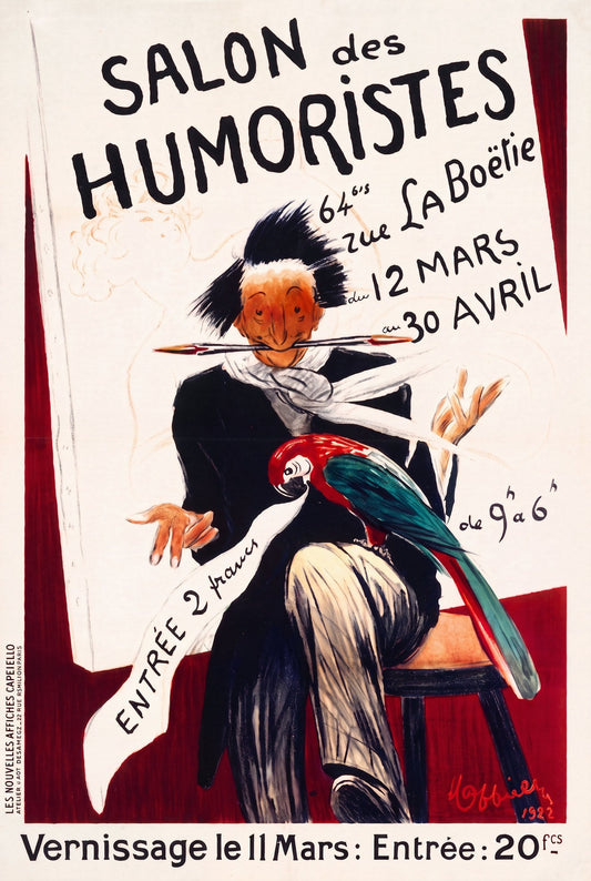 1922 Salon des Humoristes Paris exhibition poster showing caricaturist with parrot, Leonetto Cappiello