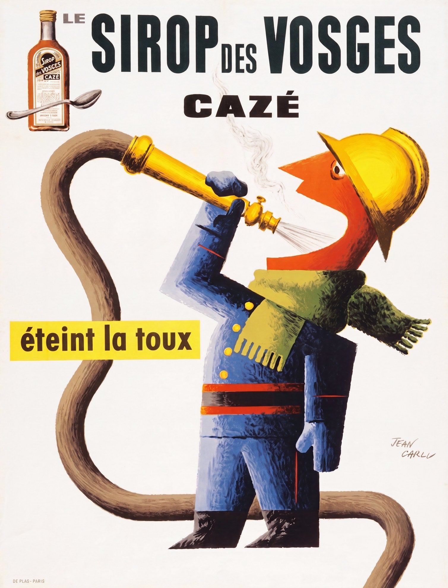 1950s French cough syrup poster: Carlu's stylised fireman in blue uniform sprays hose into mouth, yellow helmet, cobalt and yellow palette | The Vintage Poster Archives