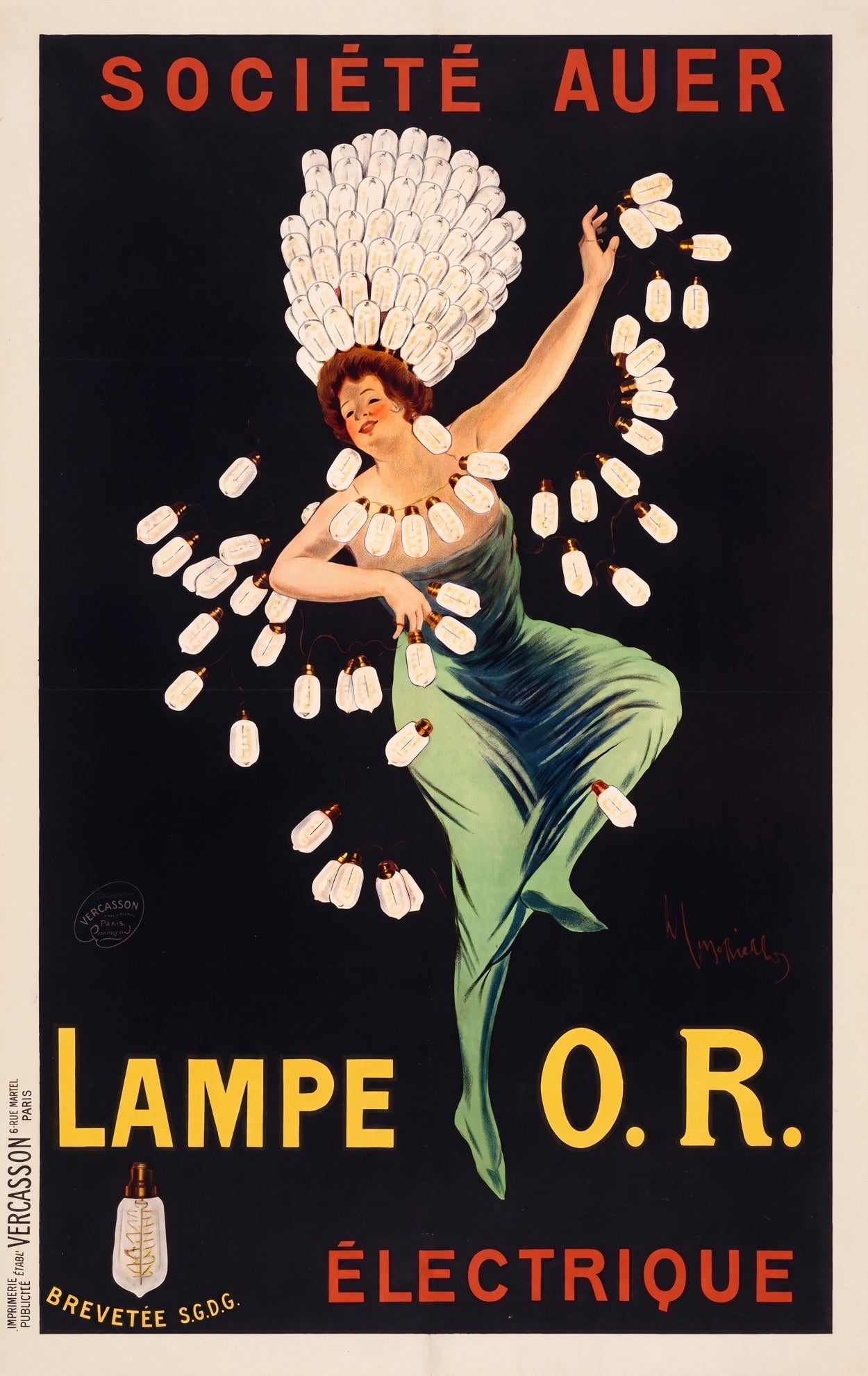1912 Société Auer Lampe O.R. advertising poster, dancing woman in teal gown adorned with electric light bulbs, Cappiello | The Vintage Poster Archives