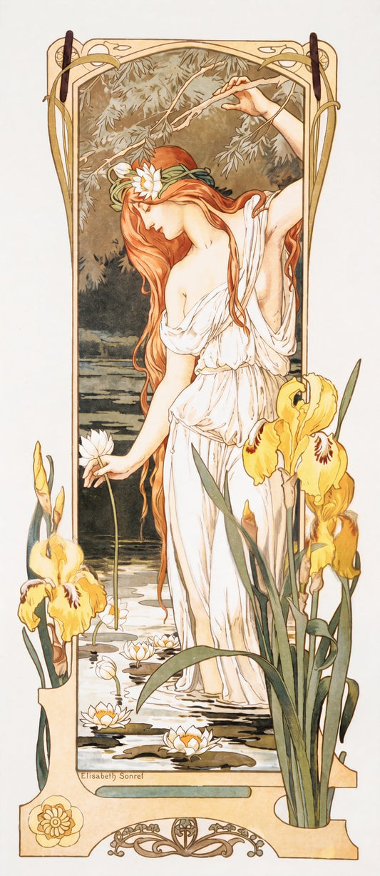 Art Nouveau lithograph c.1900 showing red-haired woman gathering water lilies at pond edge, yellow irises, Elisabeth Sonrel | The Vintage Poster Archives