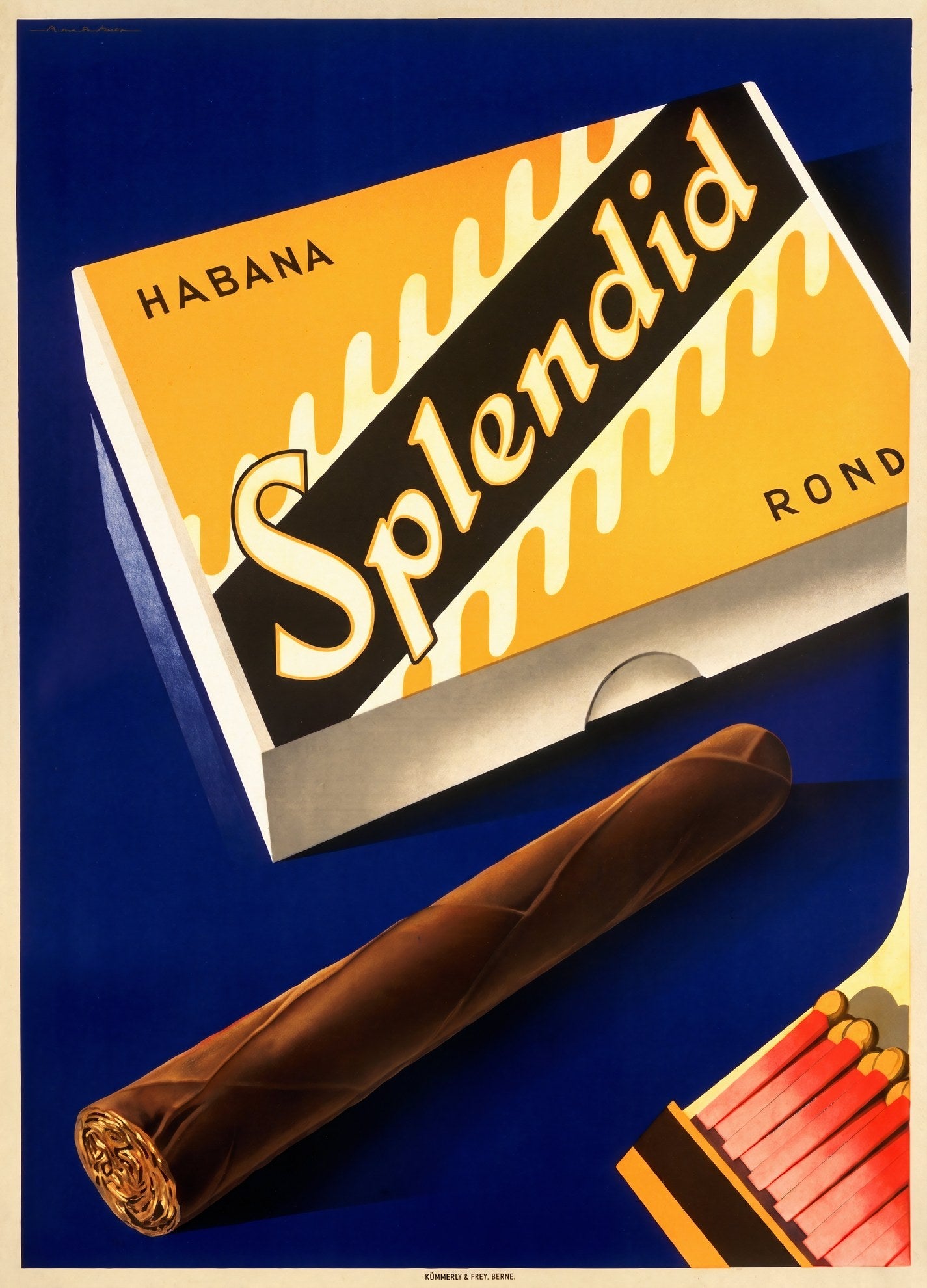 1930 Swiss Splendid Habana Rond cigar advertising poster, yellow box on cobalt blue, Fred Neukomm | Vintage Poster Archives