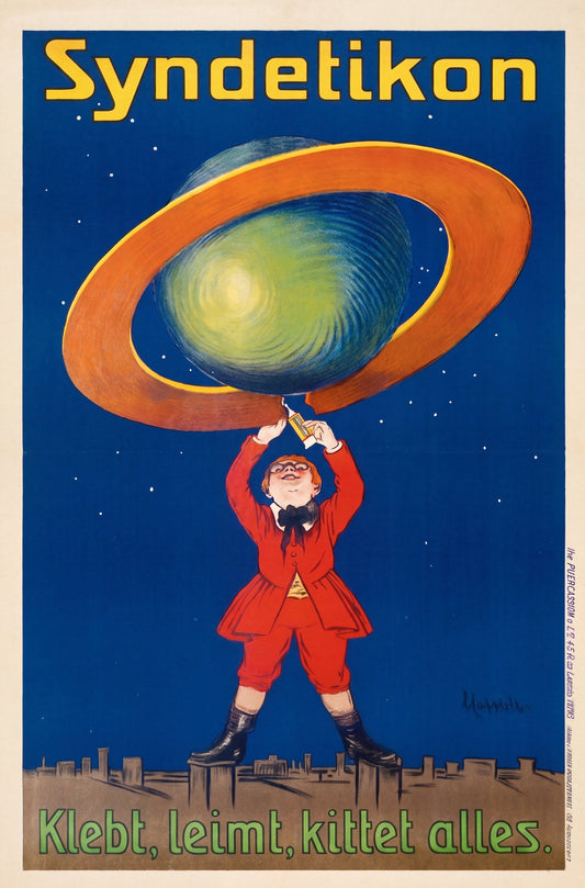 1905 Syndetikon glue vintage advertising poster showing boy with planet globe, Leonetto Cappiello