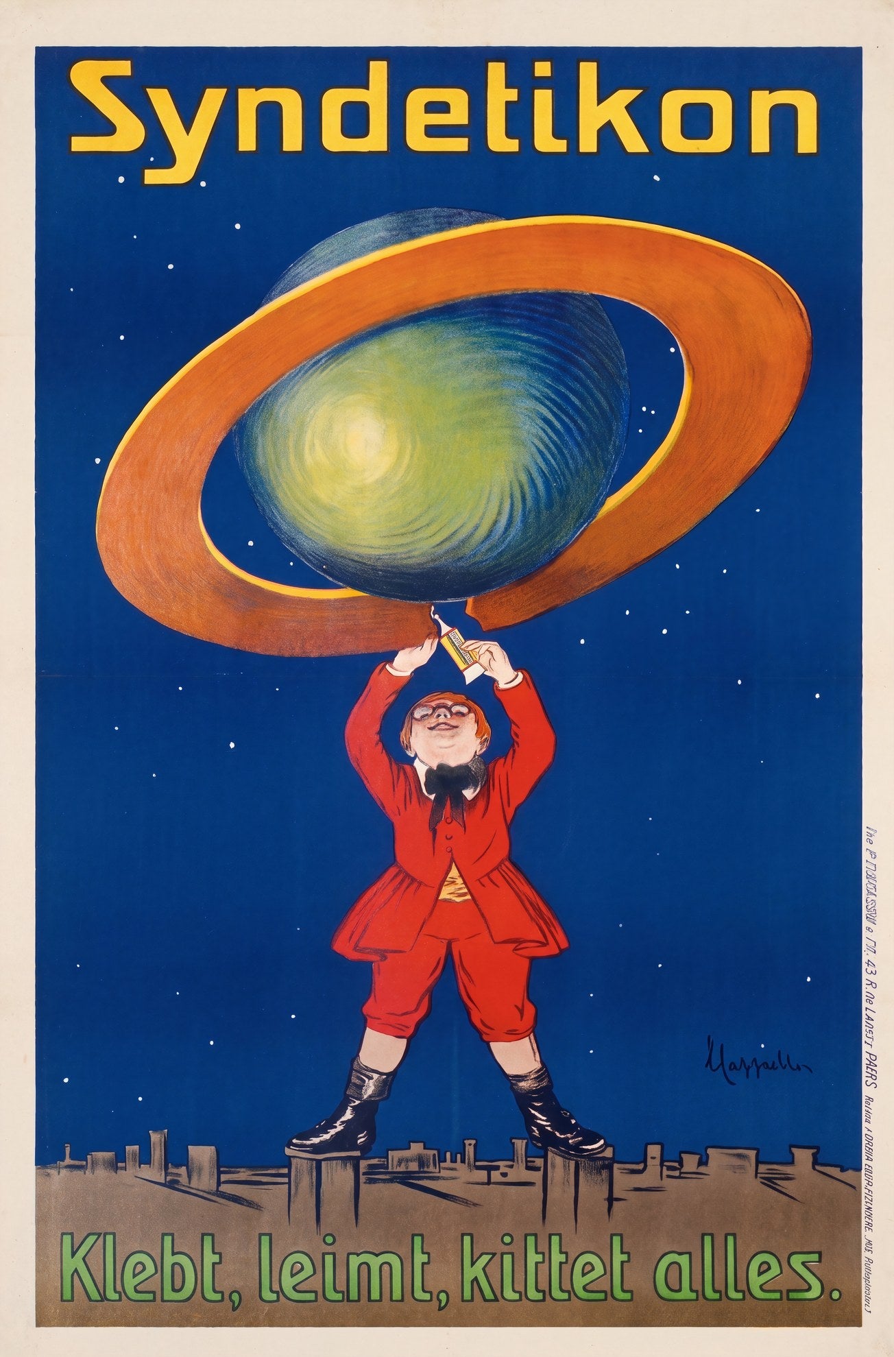1905 Syndetikon glue poster showing child in red suit holding Saturn's ring, cobalt blue sky, Cappiello | The Vintage Poster Archives
