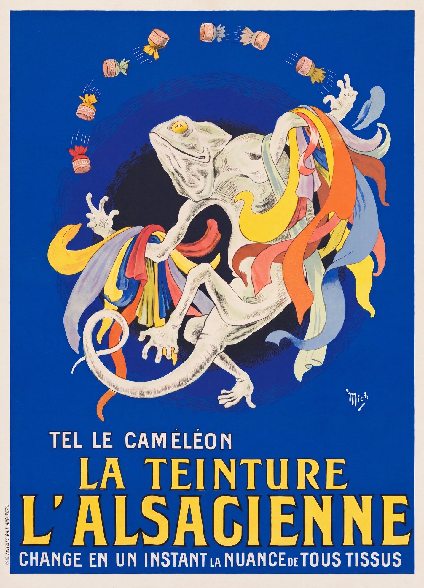1910s French advertising poster: white chameleon juggling dye tins, multicolour ribbons, cobalt blue ground, Mich Liebeaux | The Vintage Poster Archives