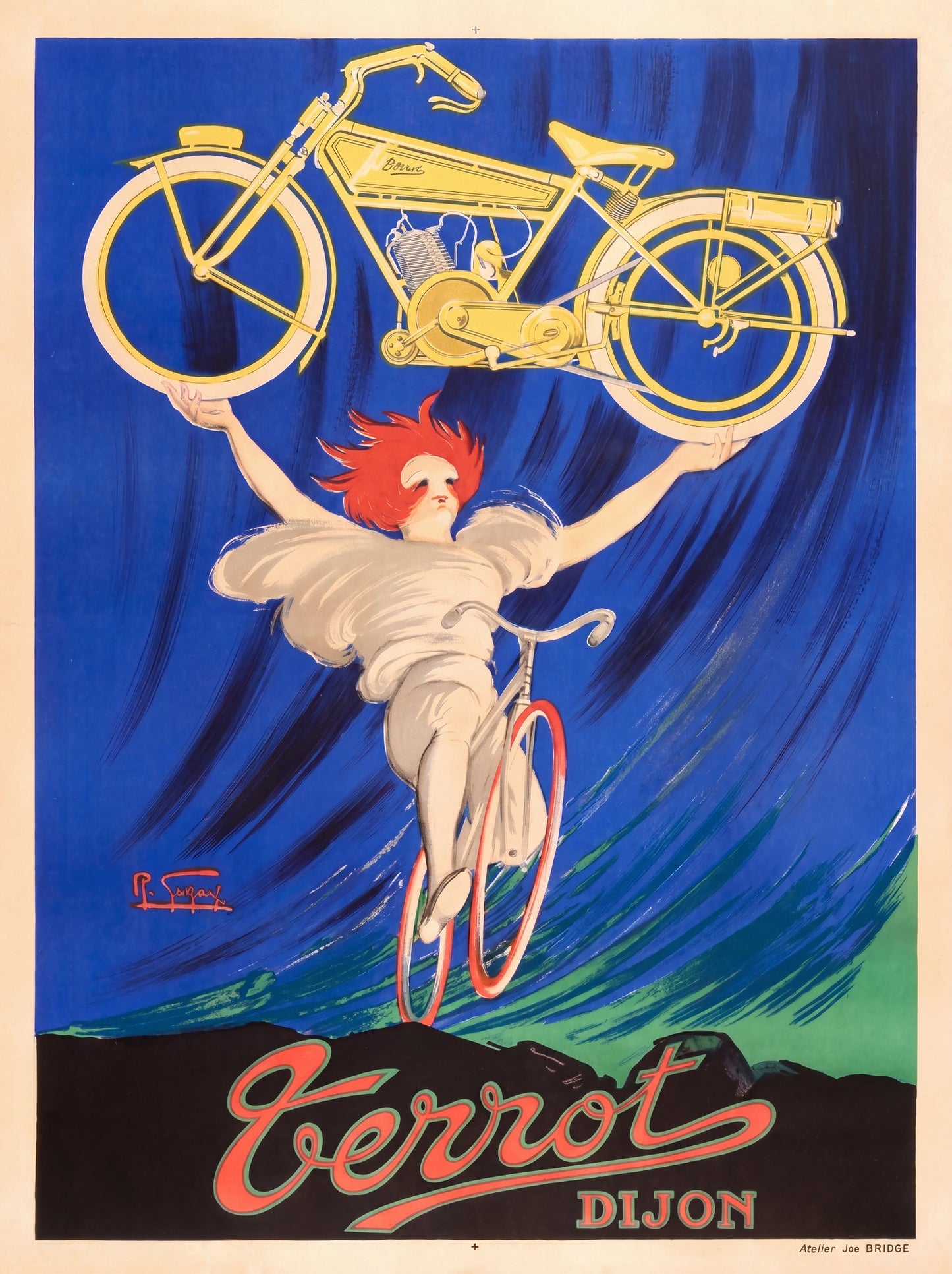 1928 French advertising poster for Terrot Dijon, red-haired figure on bicycle raising yellow motorcycle overhead, cobalt blue, Robert Gazay | The Vintage Poster Archives