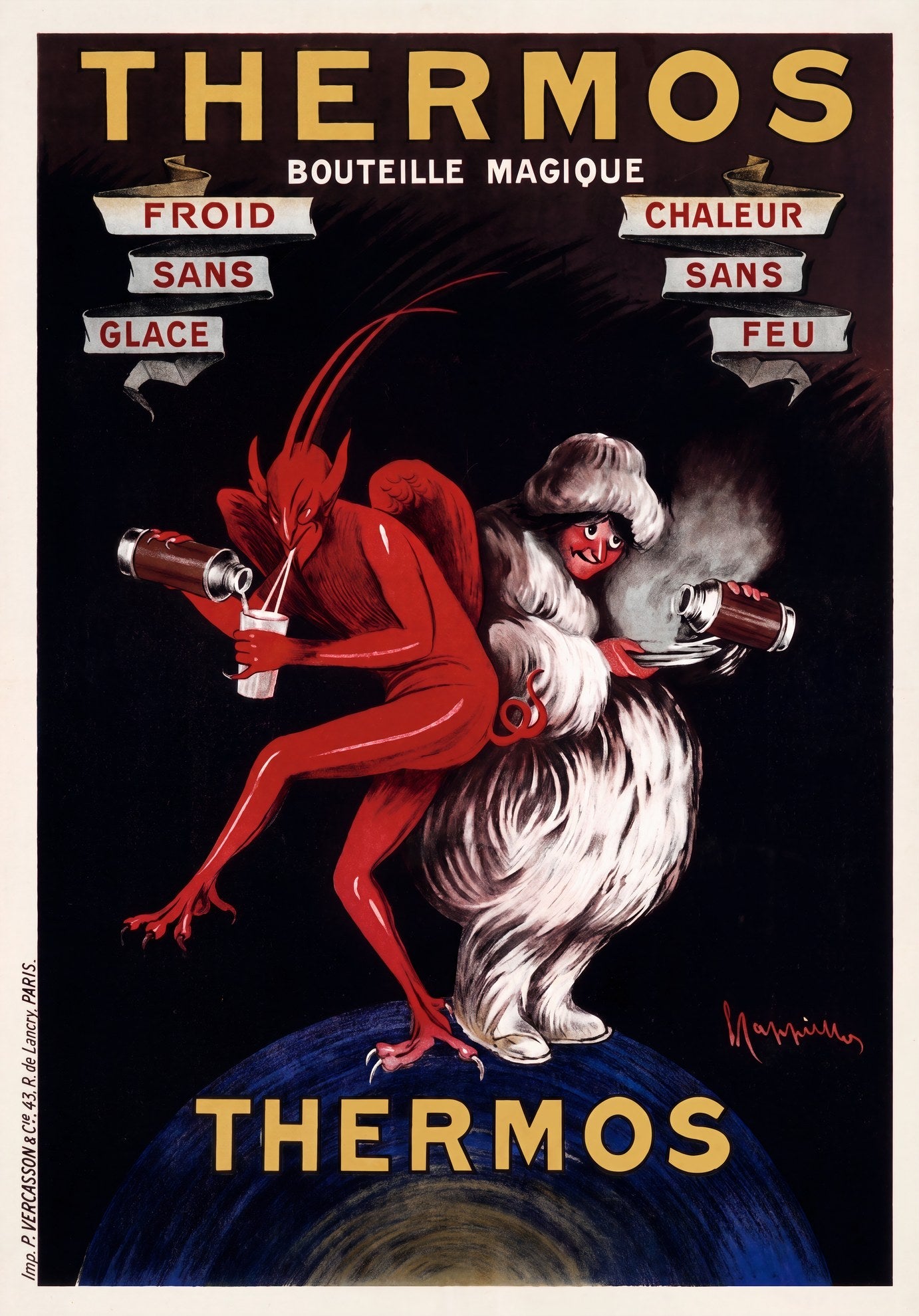 1910s Thermos Bouteille Magique poster, red devil and fur-clad figure on globe, gold type, Cappiello | The Vintage Poster Archives