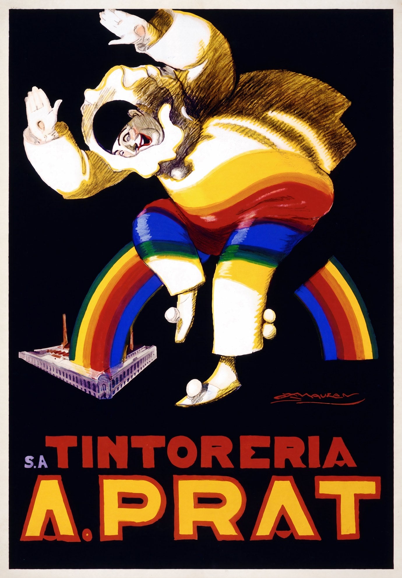 1927 Tintoreria A. Prat advertising poster, clown leaping over rainbow arc on black ground, Achille Mauzan | The Vintage Poster Archives