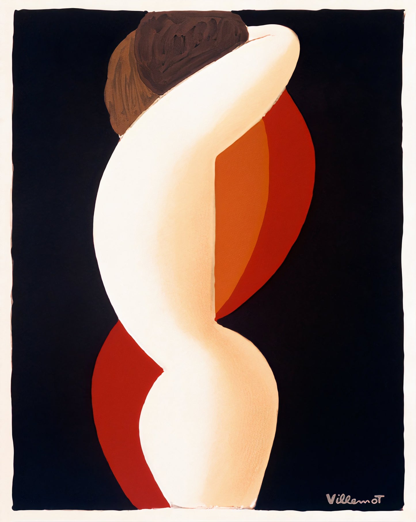 1970s Bernard Villemot abstract poster showing orange and red organic forms against navy background, signed