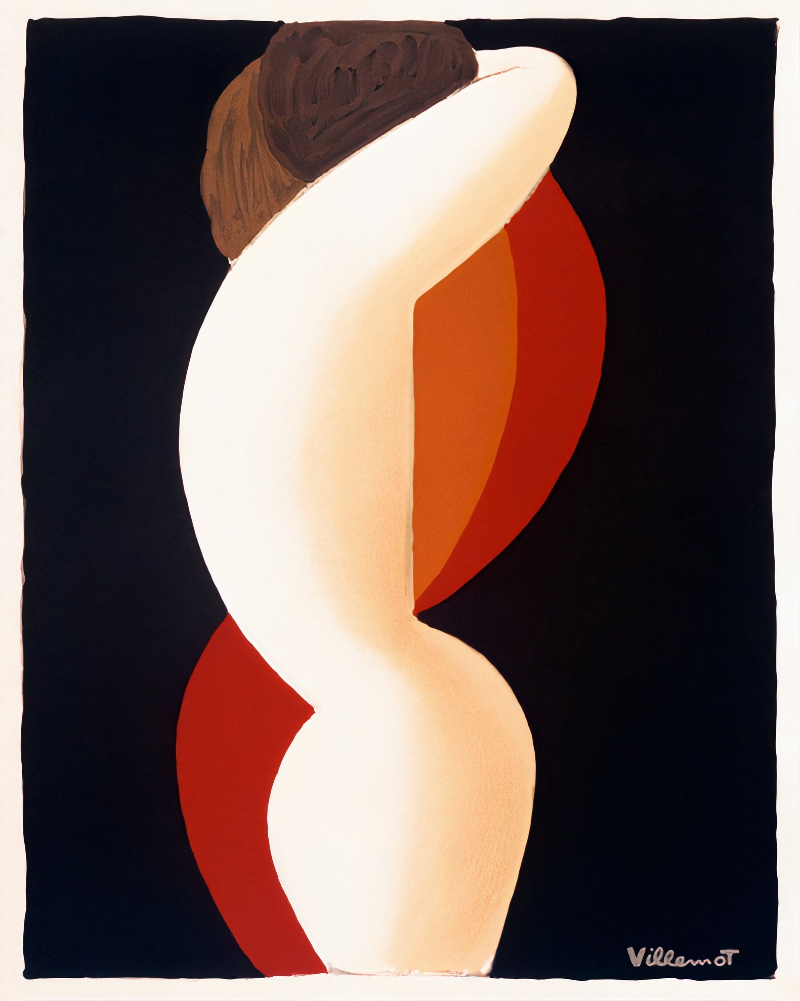 1970s Bernard Villemot abstract poster showing orange and red organic forms against navy background, signed