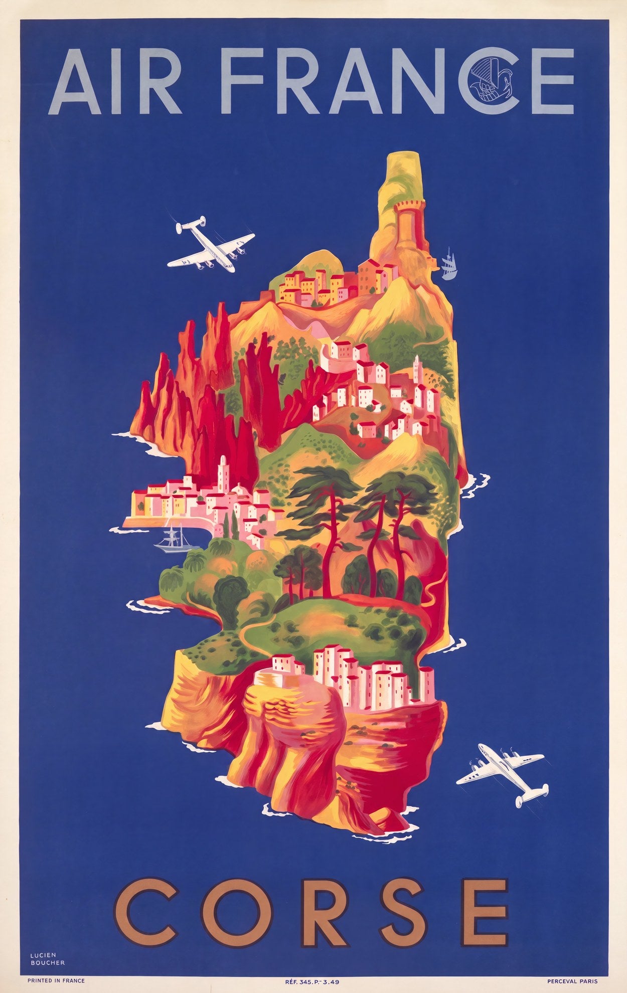 Air France Corsica 1949 | Lucien Boucher Travel Poster