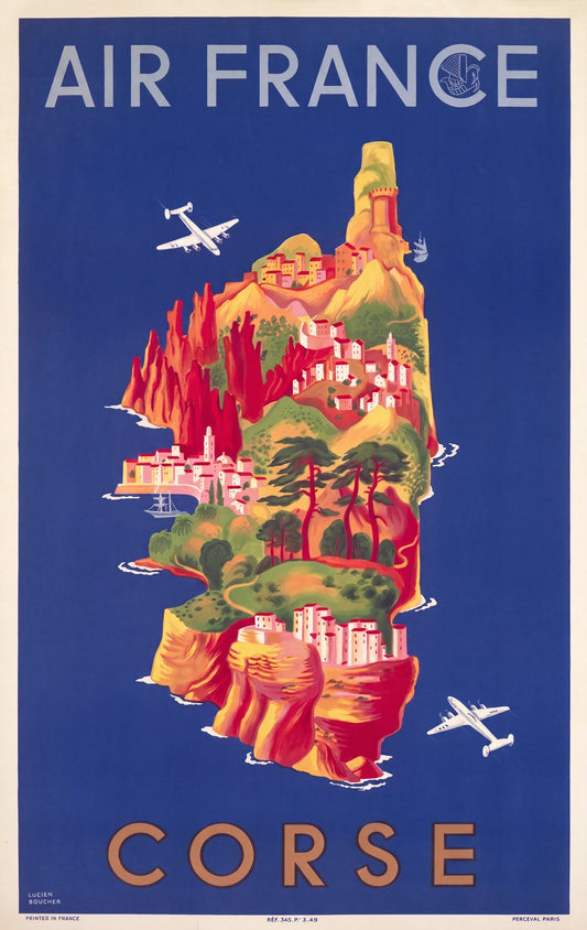 1949 Air France travel poster showing illustrated pictorial map of Corsica, Lucien Boucher