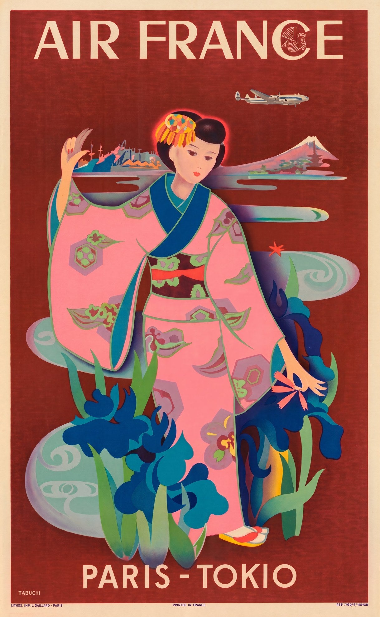 Air France Paris Tokyo 1952 | Tabuchi Geisha Aviation Poster