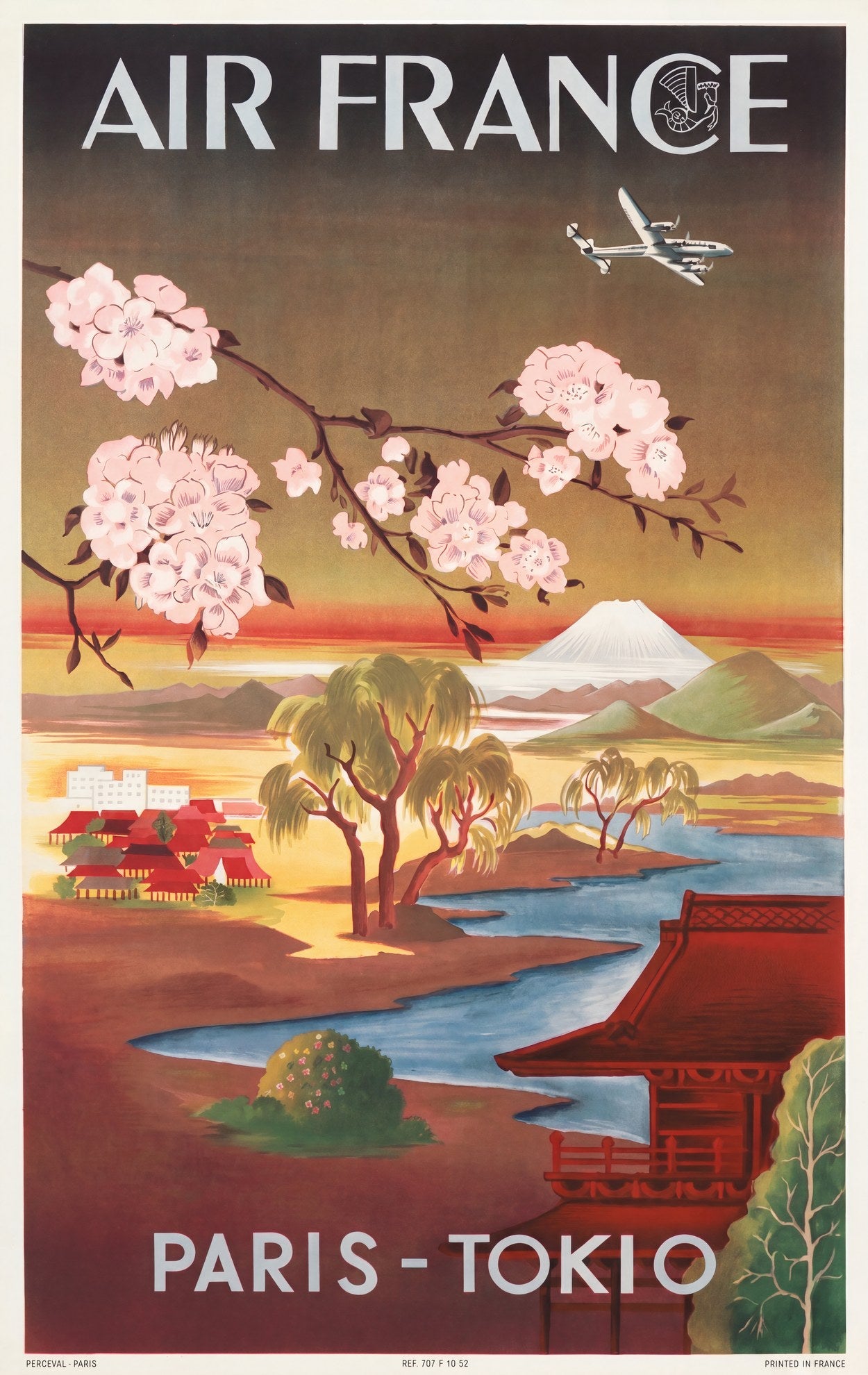 1952 Air France poster showing Constellation over cherry blossom branch, Mount Fuji and pagoda, blush pink and amber, Editions Perceval | The Vintage Poster Archives