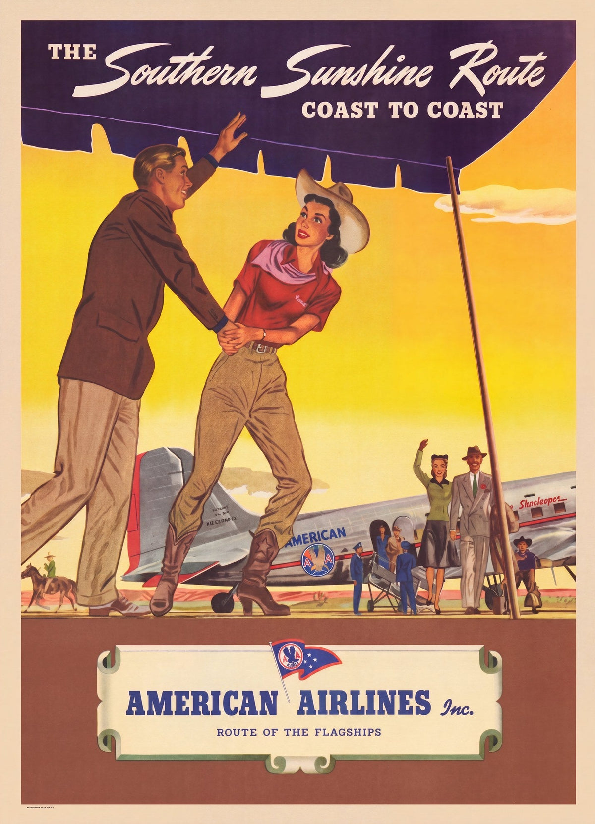 1940 American Airlines airline poster showing cowgirl promoting the Southern Sunshine Route