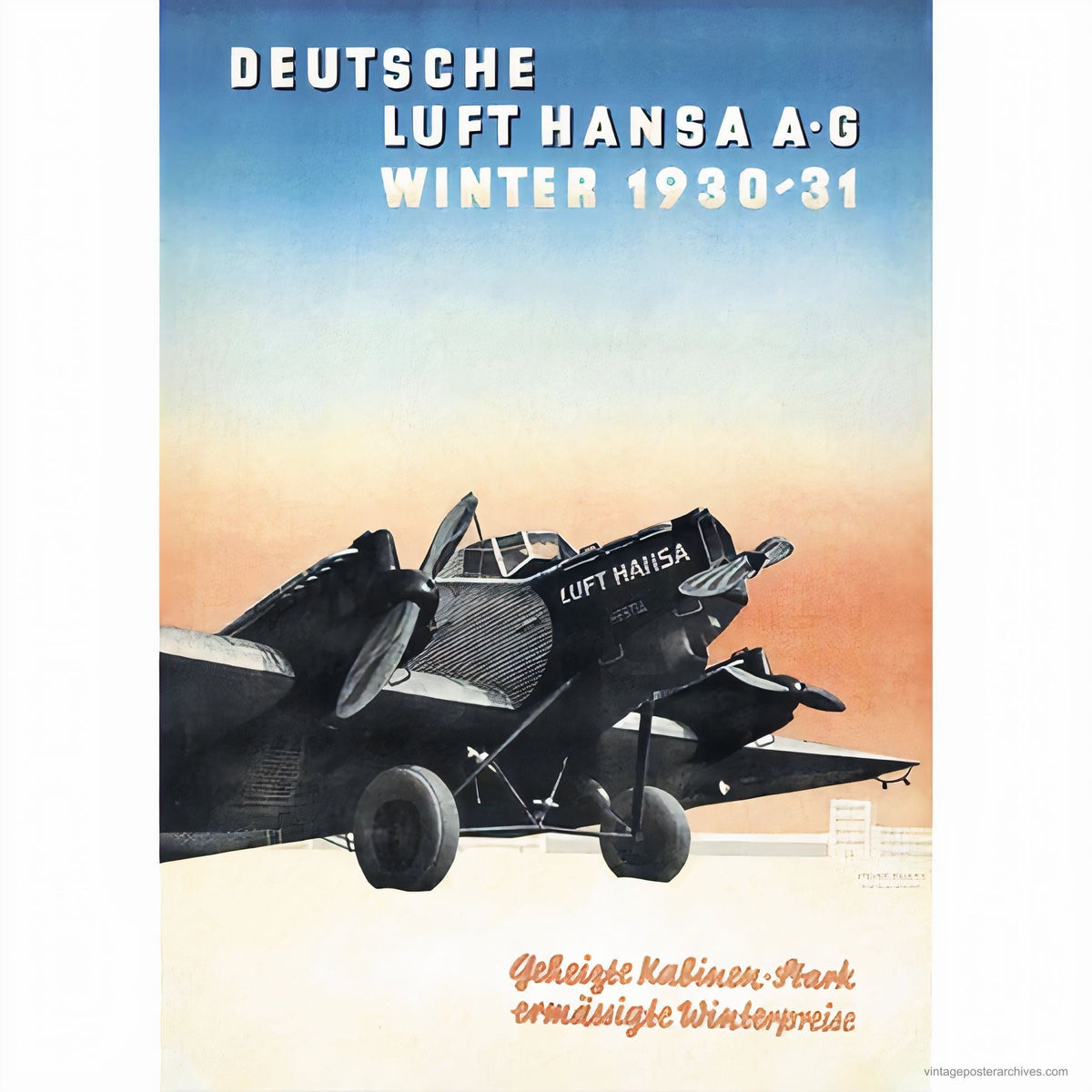 1930 Deutsche Luft Hansa aviation poster showing Junkers G31 aircraft in a winter scene, German airline
