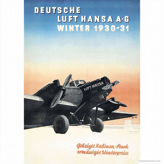 1930 Deutsche Luft Hansa aviation poster showing Junkers G31 aircraft in a winter scene, German airline