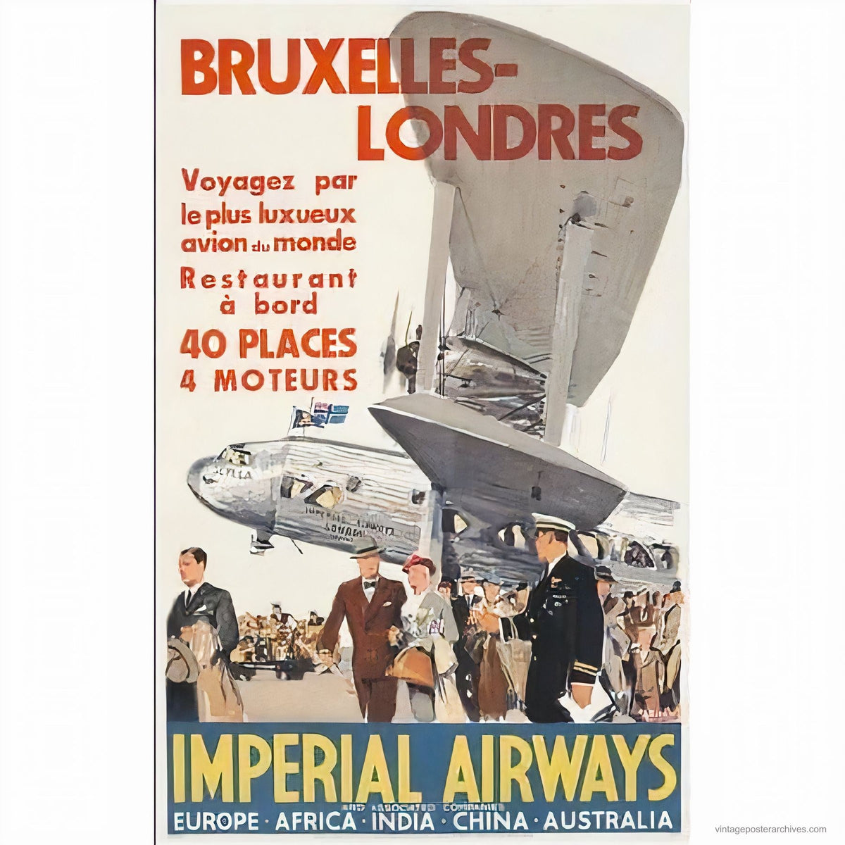 1936 Imperial Airways aviation poster showing flying boat on Brussels to London route, Mark Severin