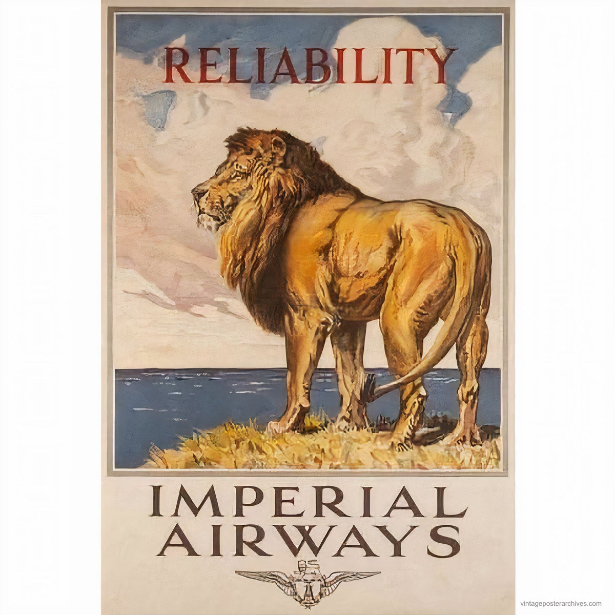 1934 Imperial Airways aviation poster showing lion as symbol of reliability, Edgar Ainsworth