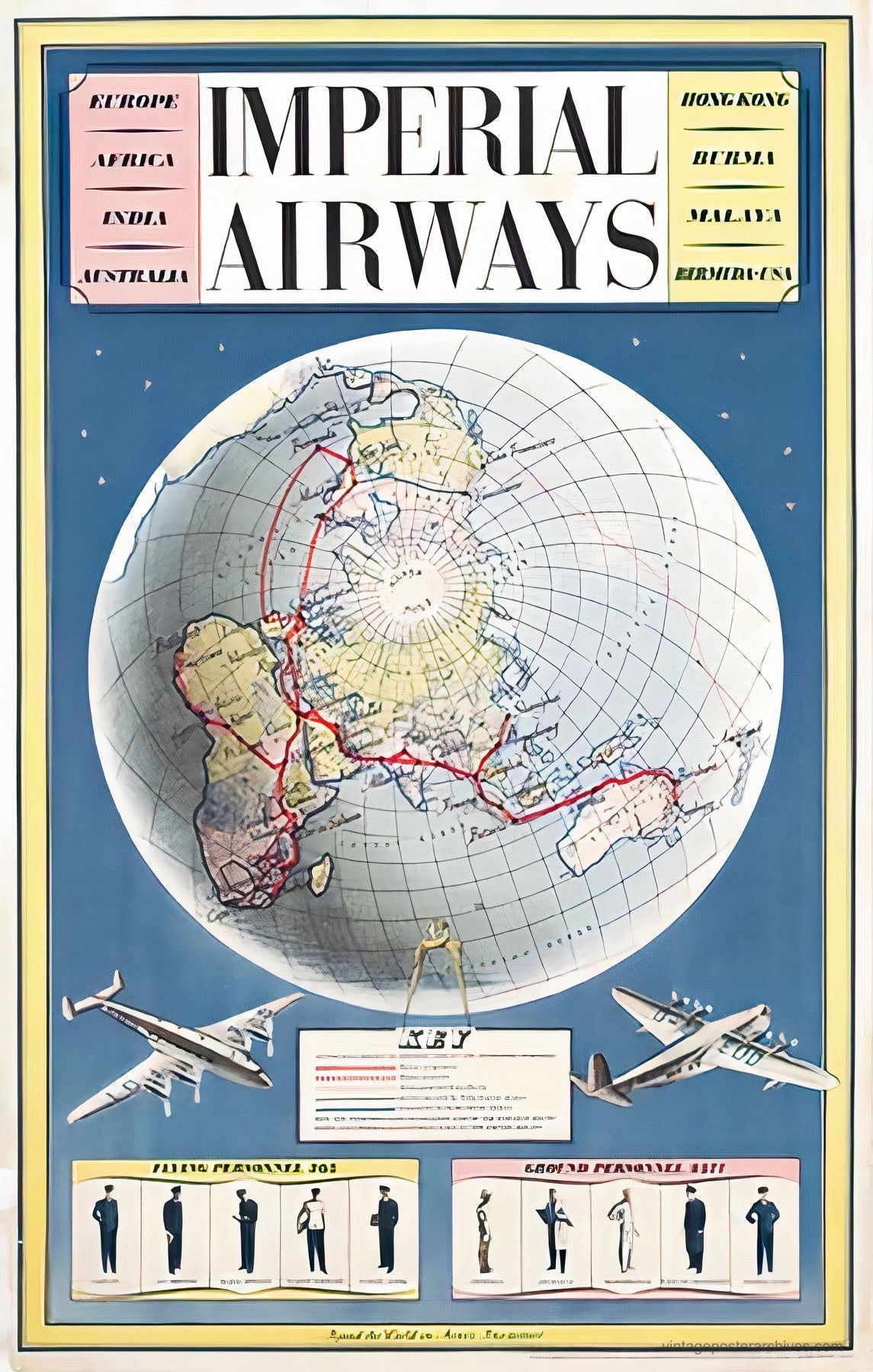 1937 Imperial Airways aviation poster showing world route map across a globe, James Gardner