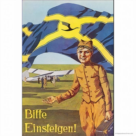 1926 Deutsche Luft Hansa airline poster showing ground crew with Bitte Einsteigen slogan, Hans Vogel