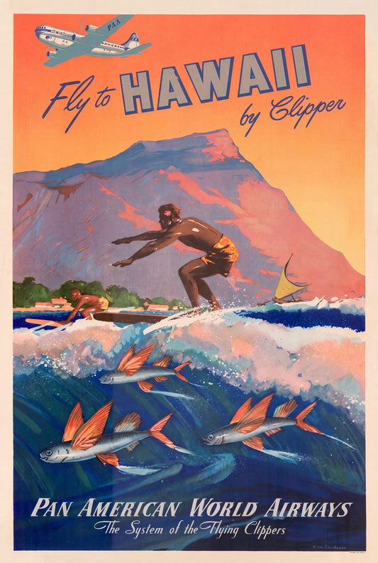 1947 Pan Am Fly to Hawaii aviation poster showing Clipper aircraft and surfer, Mark Von Arenburg