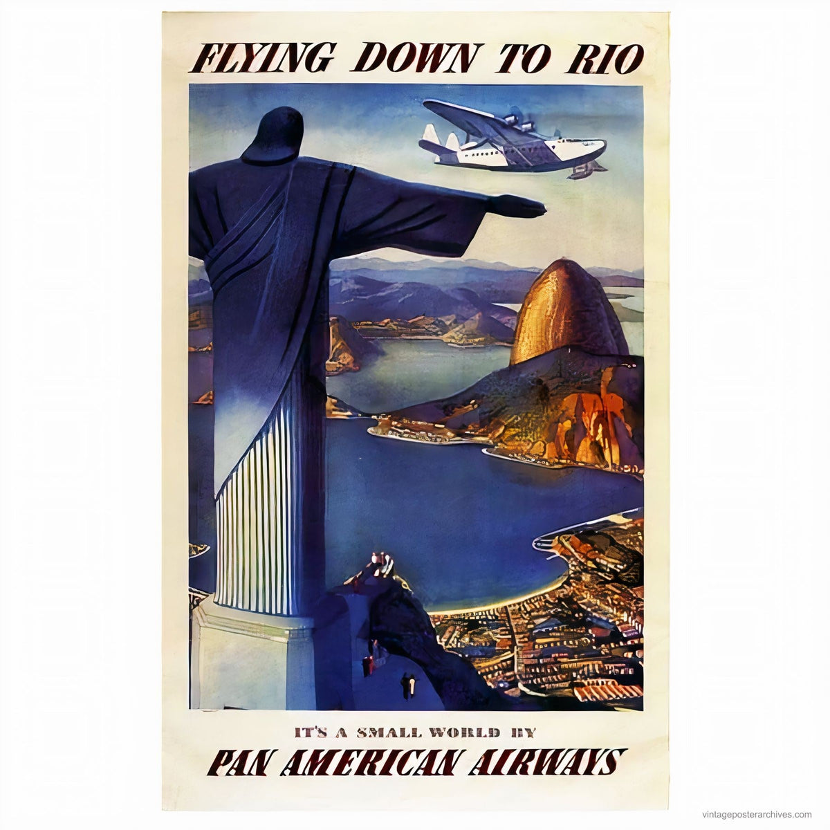 1930s Pan American Airways travel poster promoting Flying Down to Rio air service to Brazil