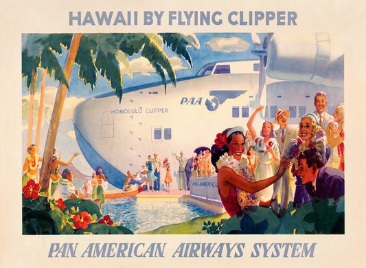1938 Pan Am aviation poster for Hawaii by Flying Clipper showing Honolulu Clipper, Paul George Lawler