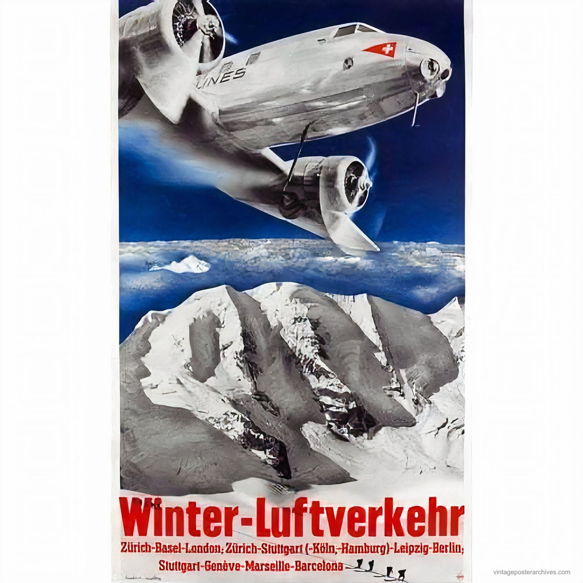 1935 Swissair Winter-Luftverkehr aviation poster showing alpine winter routes, Herbert Matter