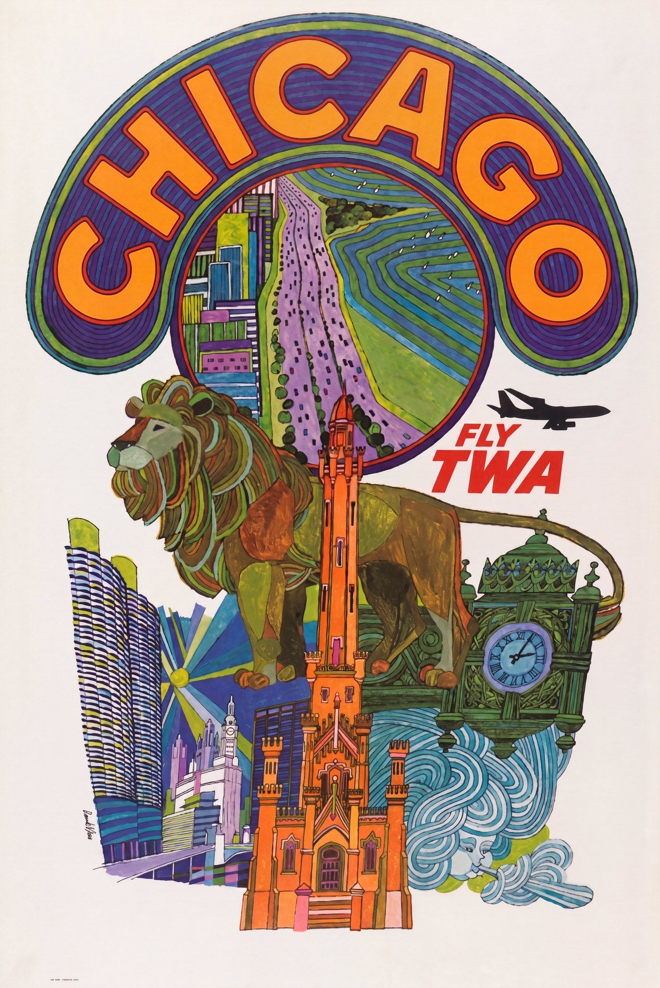 1960s TWA airline poster showing Chicago lion, Water Tower and Lake Shore Drive, orange and cobalt, David Klein | The Vintage Poster Archives
