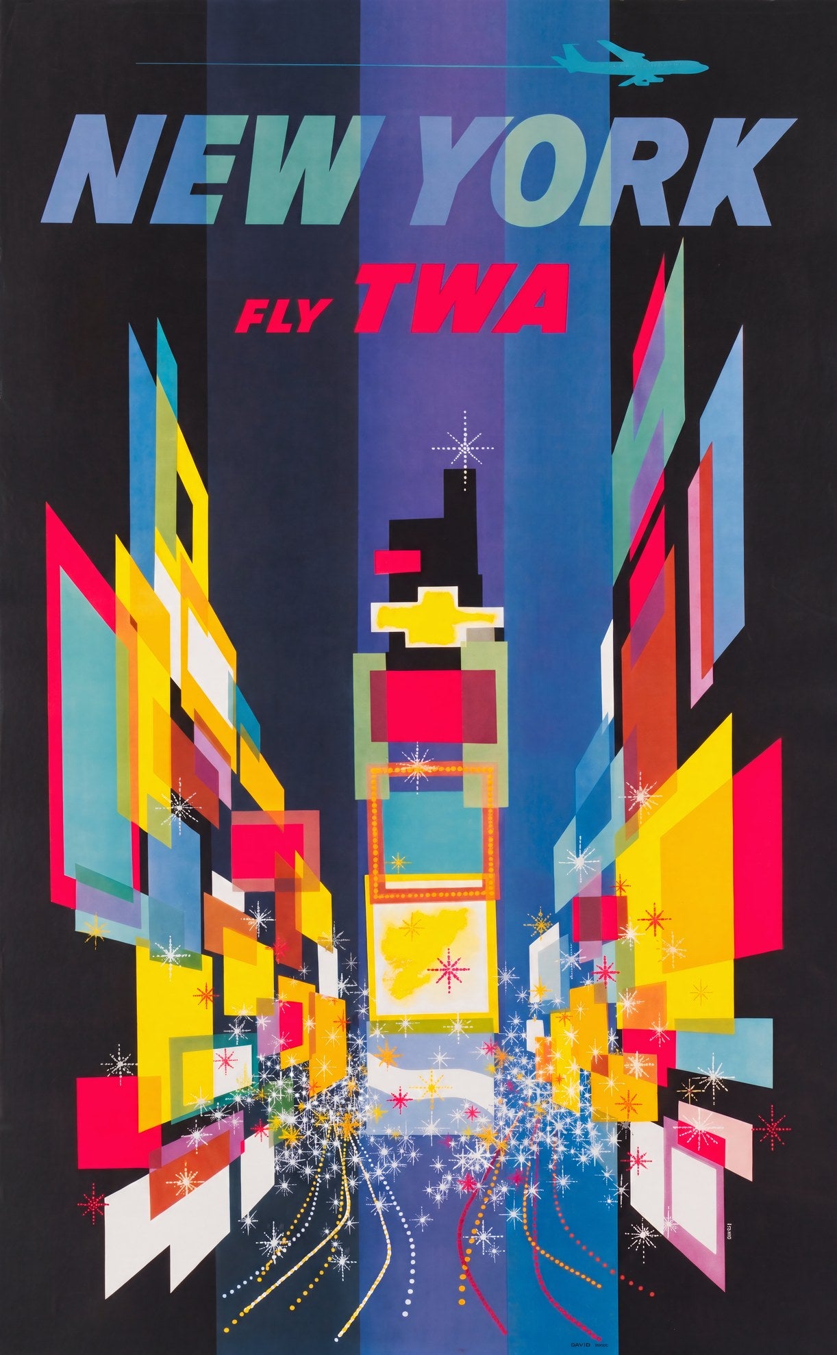 1956 TWA New York poster by David Klein, Times Square as geometric colour blocks on black | The Vintage Poster Archives