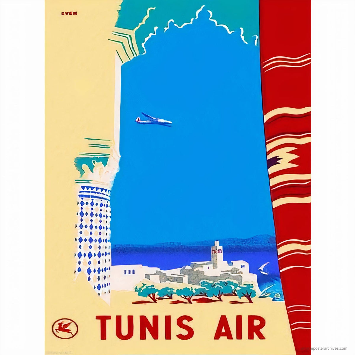 1951 Tunis Air Tunisia airline travel poster showing view through a Moorish archway, Jean Even