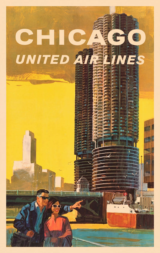 1963 United Air Lines Chicago airline travel poster showing the Marina City towers, Tom Hoyne