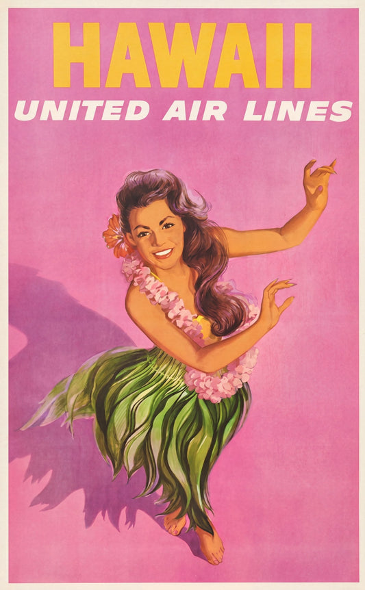 1960s United Air Lines Hawaii aviation travel poster showing hula dancer figure, Stan Galli