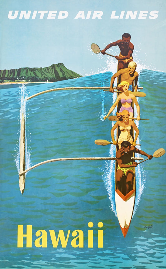 1960s United Air Lines Hawaii poster, outrigger canoe with five paddlers, Diamond Head in background, Stan Galli | The Vintage Poster Archives