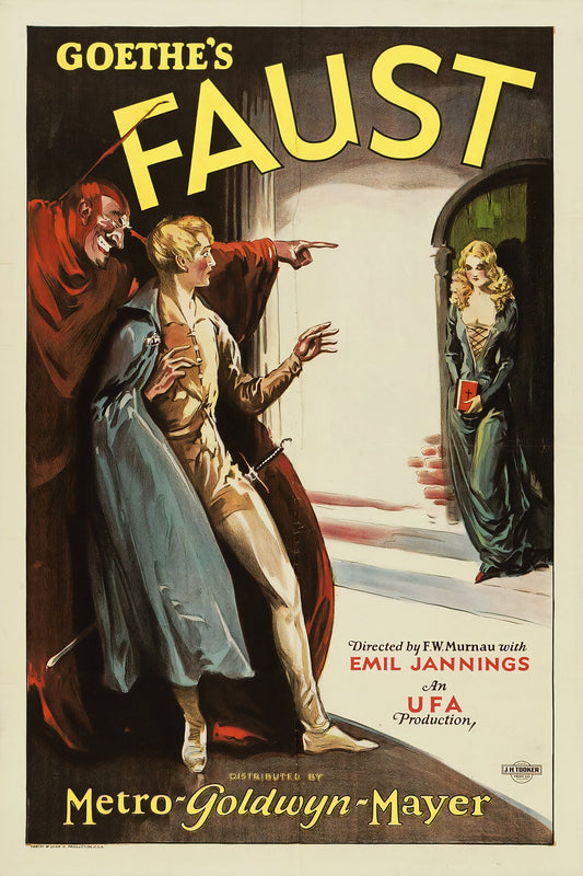 1926 Faust silent film poster: devil in red cloak, Faust reaching toward Gretchen in lit doorway, yellow title, MGM | The Vintage Poster Archives
