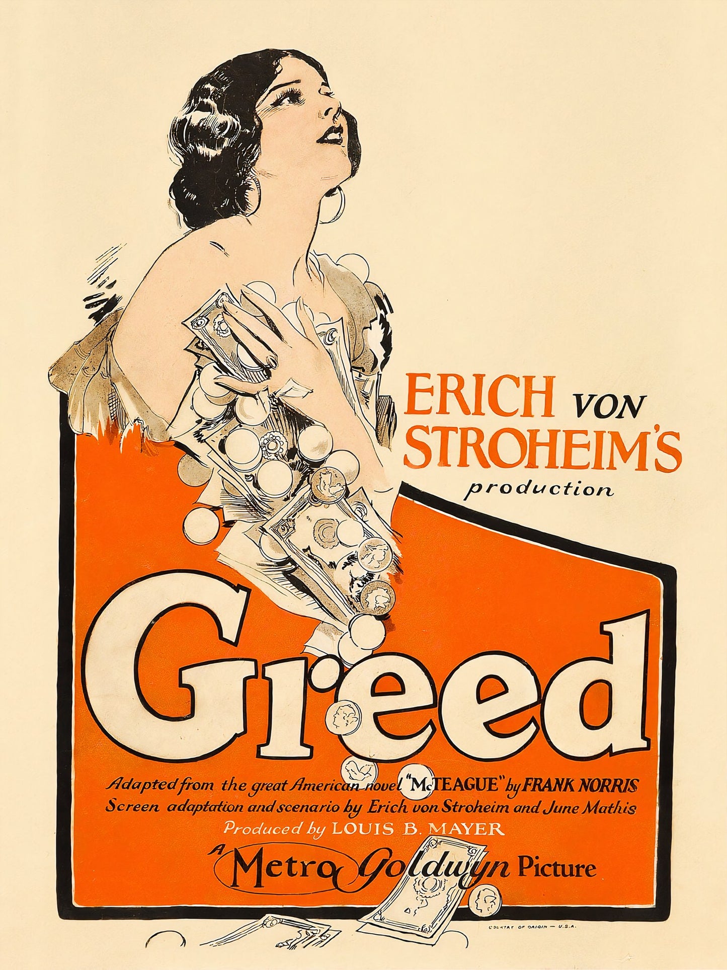 1924 silent film poster for Greed, Metro Goldwyn: woman clutching coins on cream and orange ground | The Vintage Poster Archives