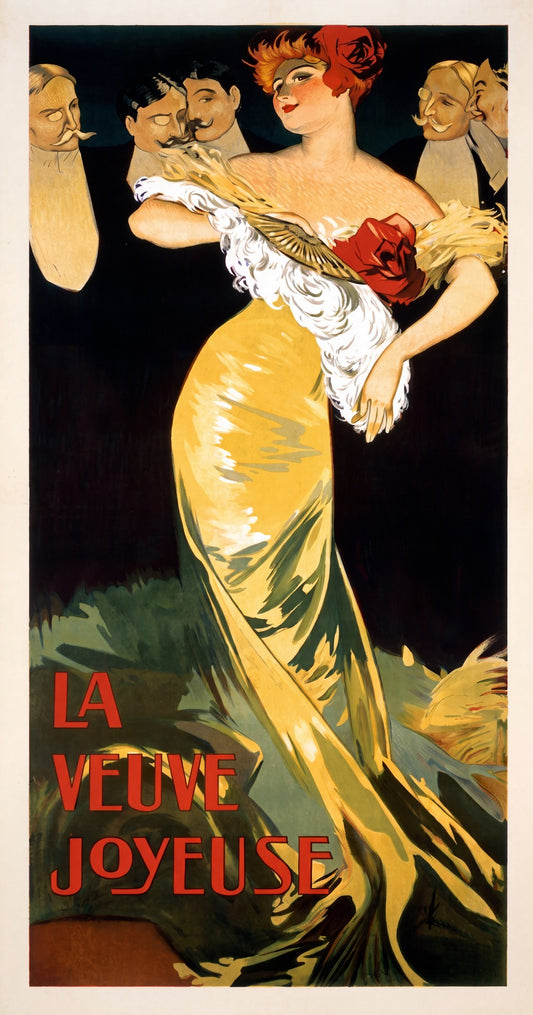 1909 French theatre poster for La Veuve Joyeuse showing woman in golden gown with suitors, Art Nouveau lithograph | The Vintage Poster Archives