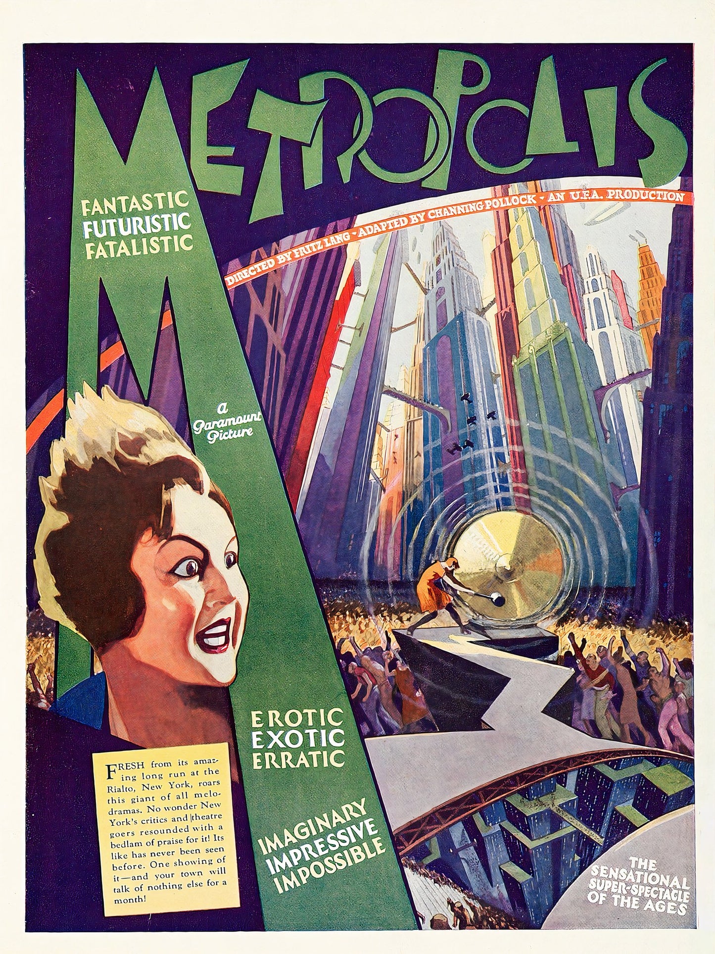 1927 Metropolis Paramount film poster: green title lettering, Art Deco cityscape, alliterative taglines, Fritz Lang | The Vintage Poster Archives