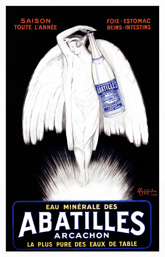 1926 Cappiello Abatilles mineral water poster, white angel with bottle, black ground, red-orange text | The Vintage Poster Archives