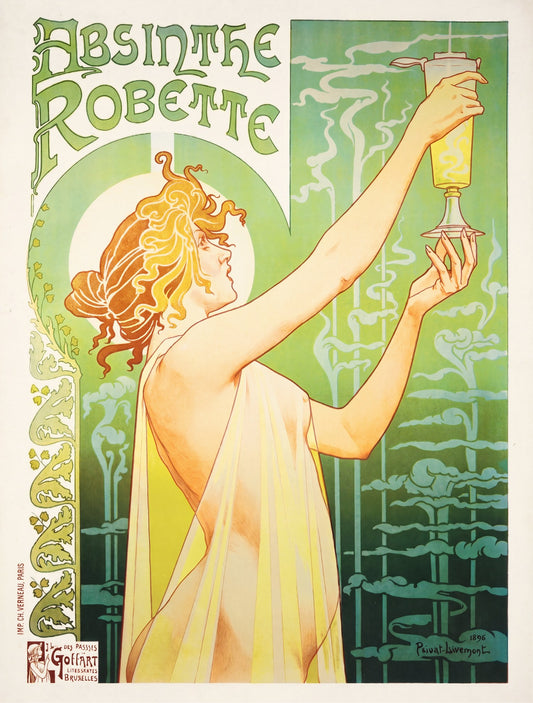 1896 Belgian Art Nouveau poster: woman raises absinthe glass, emerald green ground, Privat-Livemont | The Vintage Poster Archives