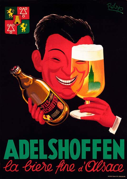 1950s Adelshoffen Pils Alsace beer poster, red grinning figure holding bottle and goblet, black ground, Robys | The Vintage Poster Archives